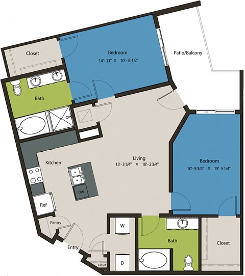 Floor plan for 2 beds, 2 baths, 1139 sqft
